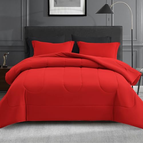 Maple&Stone Full Comforter Set 7 Pieces Bed in a Bag Red & Black Bed Set - Two-tone Design, Down Alternative Comforter Set with Sheets, Pillowcases & Shams, Comfortable All Season