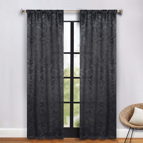 "Superior Blackout Curtains, Room Darkening, Bedroom, Drapes, Kitchen, Living Room Window Accents, Sun Blocking, Thermal, 2 Pack, Leaves Blackout Curtains, Set of 2, 36"" x 84"", Black"