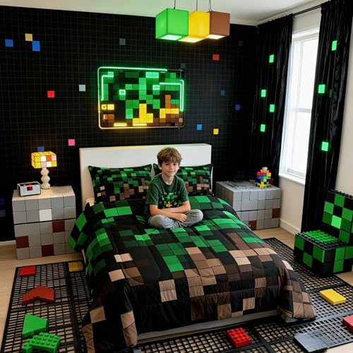 Miners Pixel Checked Kids Comforter Set Queen Size,Video Games Check Lattice Bedding Set,Girl Boy Room Decor,Game Cartoon Gamepad Quilt Comforter,Green Brown Duvet Set Bedroom Quilt Set,2 Pillowcases