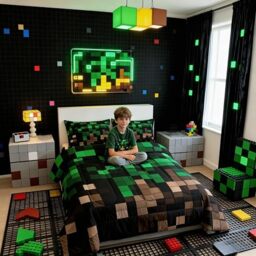 Miners Pixel Checked Kids Comforter Set Queen Size,Video Games Check Lattice Bedding Set,Girl Boy Room Decor,Game Cartoon Gamepad Quilt Comforter,Green Brown Duvet Set Bedroom Quilt Set,2 Pillowcases