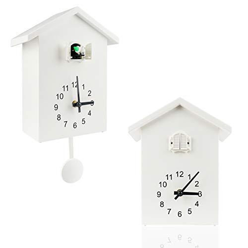 KEYPOWER Cuckoo Clock Cuckoo Wall Clock, Natural Bird Voices Or Cuckoo Call, Design Clock Pendulum, with Timed Alarm Clock,Bird House, Wall Art Home Living Room Kitchen Office Decoration (White)