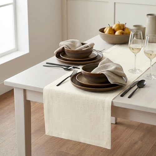 Solino Home Linen Ivory Table Runner 132 Inches Long - 100% Pure Linen Extra Long Table Runner 14 x 132 Inch for Fall, Autumn, Thanksgiving, Christmas, Holiday - Fete