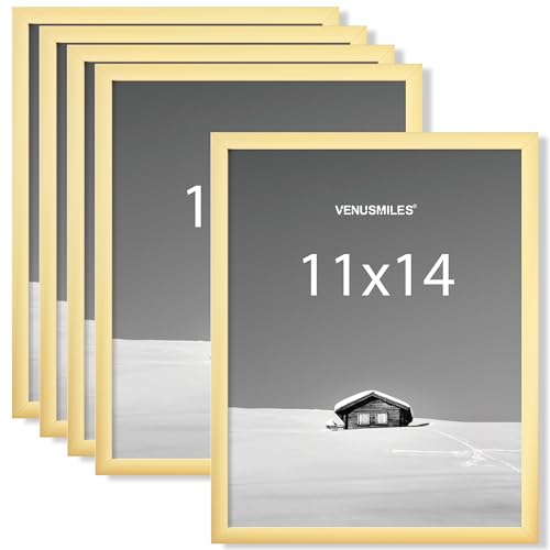 Venusmiles 11x14 inch Picture Frame, 11x14 Photo Frames with 8x10 Removable Mat - High Definition Plexiglass - Vertical and Horizontal Display - Wall Hanging Frame - Gold, 5 Pack