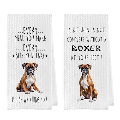 Geqtt Gqtt Boxer Dog Dish Towels Set - Funny Dog Gifts, Decorative Waffle Weave Kitchen Towels, Hand & Tea Towels (1624 Inches, Set of 2)