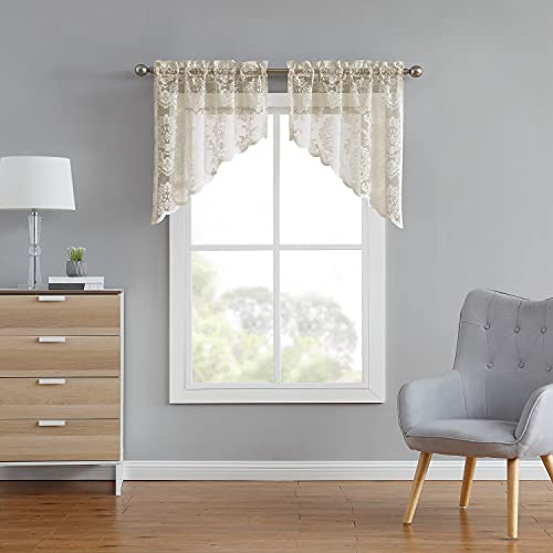 LinenZone Lace Kitchen Swags. Lace Window Treatment for Kitchen or Small Window. Swags Can Be Combined with Matching Tiers or Valance for a Charming Farmhouse Look. (Fiona 30 x 38 Linen)
