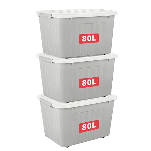 Cetomo 80L*3 Storage Boxes with Lids, Plastic Storage Box with Wheels and Secure Side Latches, Stackable & Nestable Organizer for Home, Office, Moving, PP, Gray, 80L-3 Pack
