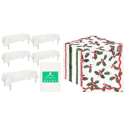 Talking Tables White Paper Table Cover 5pk & Christmas Holly Napkins 100pk Festive Party Bundle