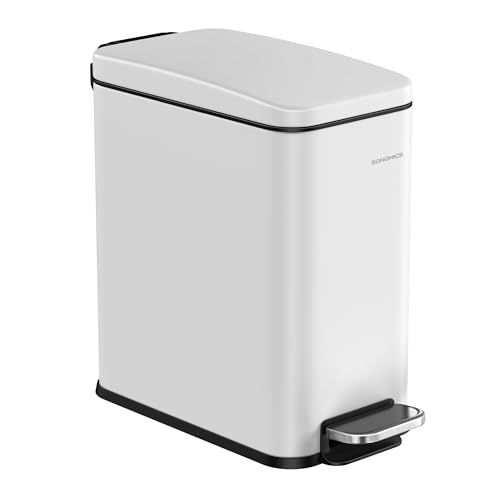 SONGMICS Bathroom Bin, Narrow Pedal Toilet Bin with Lid, Slim for Small Spaces, Steel, Soft Close, 2.6 Gallons (10 L), White LTB561W10