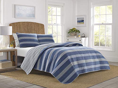 Nautica 100% Cotton Light-Weight Reversible Quilt Bedspread Matching Shams, 3-Piece Bedding Set, Pre-Washed for Softness, Blue, King
