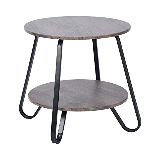 FurnitureR Wood Coffee Shelf Side Table for Living Room Round End Low Tea table Metal Frame 2 Tiers Nightstand for Bedroom, Minimalism Bedside Table,46x45cm