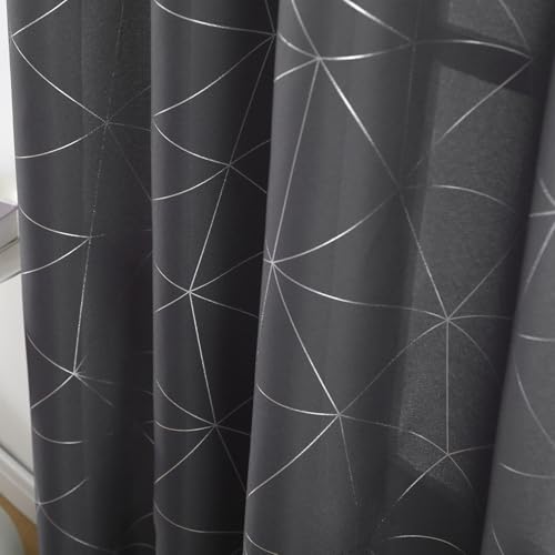 "Taisier Home Silver Linen Grommet Window Curtain Panels Metallic Geo Moroccan Tile Foil Print Soft Grey Draperies for Bedroom Living Room,Light Filtering Window Treatments,52"" Wx72 L,2 Panels"