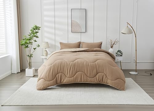 GC GAVENO CAVAILIA 10.5 Tog Double Duvet - Microfiber Quilt Wave Stitching, Down Alternative Comforter & Pillowcases - Reversible Coverless Duvet - Warm Bedding - (200x200cm), Natural/Dark Natural