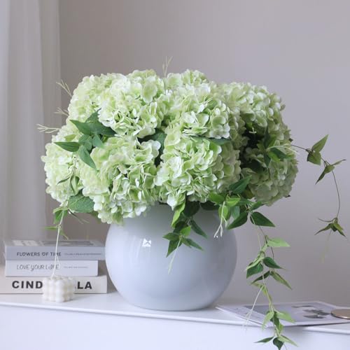 "grtefhu 4pcs 21"" Faux Green Hydrangeas Artificial Flowers, Real Touch Silk Hydrangea Flowers with Stems for Bridal Wedding Bouquet Party Home Decor"