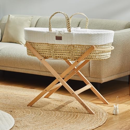 The Little Green Sheep Moses Basket with Stand - Organic Knitted Bassinet Made with Natural Palm Leaf, Mattress and Natural Foldable Stand, Free From any Nasties, Durable and Lightweight, Dove