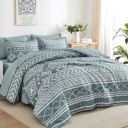 Yiran Boho Comforter Set Queen Size, Grayish Blue Comforter Bedding Set, 7 Piece Bed in a Bag, Soft Microfiber Bohemian Striped Complete Bedding Set with Sheets for All Season
