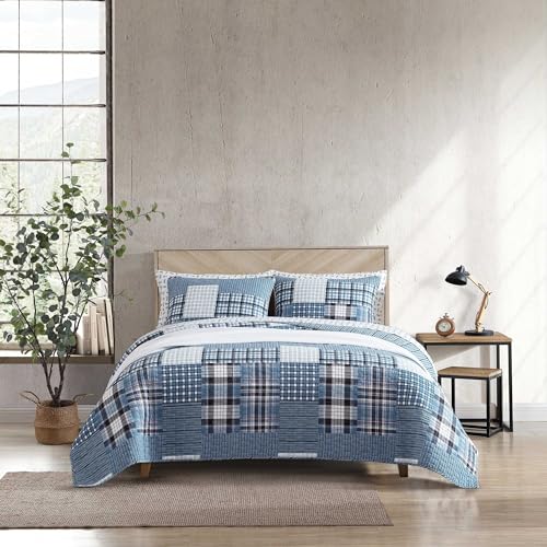 Eddie Bauer - Queen Quilt Set, Reversible Cotton Bedding with Matching Shams, Patchwork Plaid Home Decor (Hawthorne Blue, Queen)