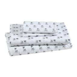 "Beatrice Home Fashions Printed Microfiber Sheet Set, Soft Comfortable Easy Care, Includes 1 Fitted Sheet with 12"" Deep Pockets, 1 Flat Sheet, Pillowcase, King, White Bulldogs"