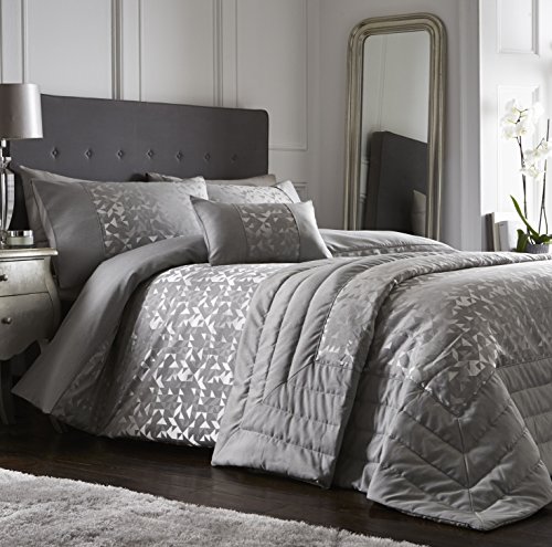Lucien Jacquard Duvet Cover and Pillowcase Bed Set, Polycotton, Silver, Double