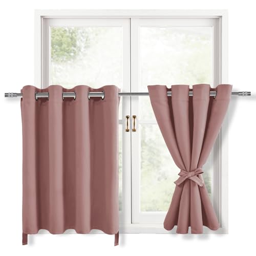 Hiasan RV Blackout Curtains for Bedroom, 52 x 36 Inches Long - Thermal Insulated & Energy Saving Window Curtains for Living Room, 2 Drape Panels Sewn with Tiebacks, Dusty Rose