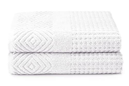 Texere 100% Organic Cotton Diamond Jacquard 700 GSM Luxury Bath Towel Sets - Ultra Soft and Absorbent Hotel and Spa Quality (Diamond, Bright White, 2 Bath Towels)