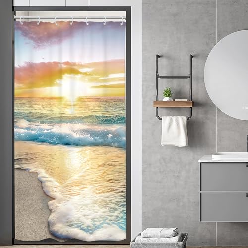 Riyidecor Stall Small Half Shower Curtain Beach Summer 36x72 Inch RV Mini Single Narrow Ocean Coastal Hawaiian Sunrise Sea Wave Seaside Scene Island Blue Cool Set Waterproof 7 Pack Hooks