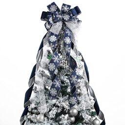 MEEDEE Navy Blue Tree Topper - 12 inch Wide Silver Glitter Yule Tree Wreath Bow - Christmas Decorations - Silver Snowflake Garland Bow - Holiday Lantern (1 Pack)