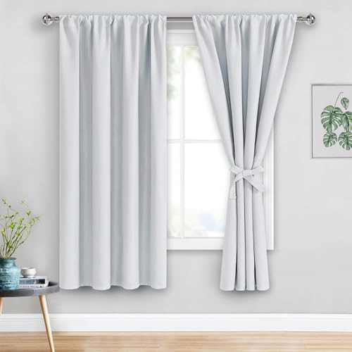 JIUZHEN Curtains for Bedroom - Thermal Insulated Window Treatment Drapes, Room Darkening Rod Pocket Curtains for Living Room, Set of 2 Panels with Tiebacks, 38 x 63 Inch Length, Greyish White