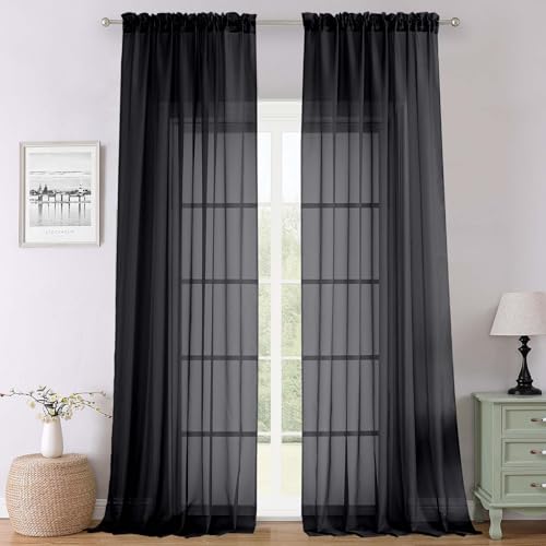 "Lecloud Black Sheer Curtains 120 Inches Long 2 Panels, Balance Light & Privacy Voile Window Curtains, Solid Sheer Curtain Drapes for Living Room Balcony Big Windows, 59"" W x 120"" L"