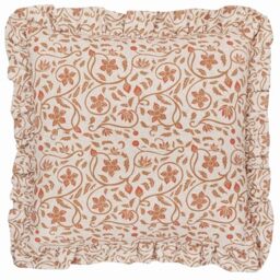 Paoletti Filigree Feather Filled Cushion – Luxury Vintage Floral Textured Ruffle Trim Decorative Pillow (Linen/Ochre – 50x50cm)