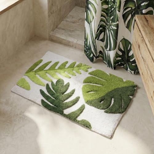 Croydex Tropical Leaf Anti Slip Bath Mat, Plush Green Bathroom Rug with Raised Botanical Pattern, Accent Rug for Modern Spa Inspired Bathroom or Entryway Floors, 45 x 72 cm