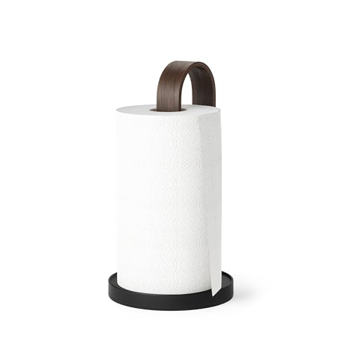 Umbra Bellwood Paper Towel Holder, Wooden with Weighted Base, Black/Walnut - Freestanding design, protects countertops, easy one-hand use, renewable poplar wood, matches collection