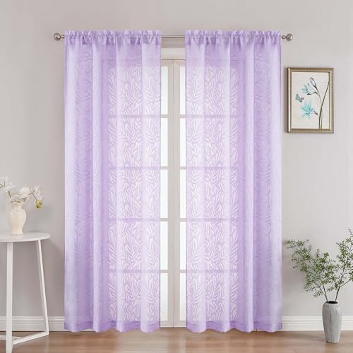 OVZME Sheer Curtains 72 Inches Long 2 Panels, Voile Soft Airy Leaf Jacquard Textured Elegant Sheer Curtains for Living Room Bedroom Door Window, Dual Rod Pocket Drapes, Lavender, 2x42Wx72L Inches