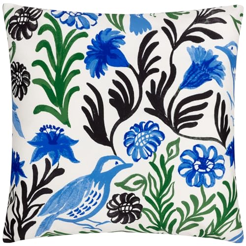 furn. Aljento Cushion Cover – Reversible Water Resistant Mediterranean Floral Bird Outdoor Decorative Case (Blue - 43x43cm)