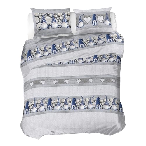 PENSIERI DELICATI 100% Cotton Flannel Double Duvet Cover Set, 250 x 200 cm Bag and Pillowcase 52 x 82 cm, Made in Italy, Machine Washable at 40 Degrees, Blue Gnome Pattern