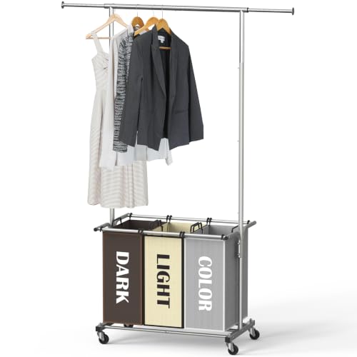 Simple Houseware Garment Rack with 3 Bag Laundry Sorter, Multi Color