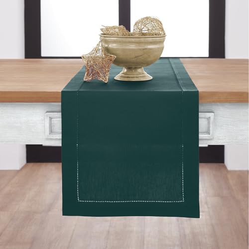 Solino Home Cotton Linen Dark Green Table Runner 72 Inches Long - Hemstitch Table Runner 14 x 72 Inch for Dresser, Dining
