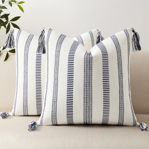 Smile Bee Boho Outdoor Couch Throw Pillow Covers Set of 2 Decorative Thick Woven Striped Accent Neutral Pillow Covers with Tassels for Bed Sofa Home Decor 20x20 Inch, Navy Blue and Cream White