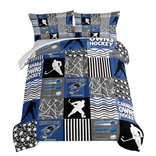 HOSIMA Ice Hockey Queen Size Comforter Sets for Boys Kids Teens Bedroom Decor,Soft Microfiber Sports Theme Blue and Gray Hockey Bedding with 2 Pillowcases,Hockey Player Bedding Comforters & Sets.