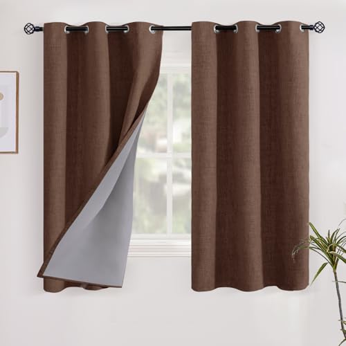 YoungsTex Short Linen Blackout Curtains 40 Inch Length for Kitchen Window, Brown Light Blocking Drapes with Grommet Thermal Insulated for Bedroom Living Room Window, 2 Panels, 42 X 40 Inch