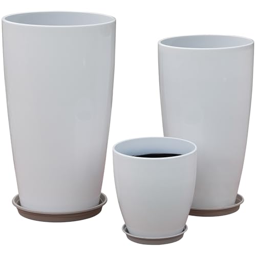MinCHI257 Large Plastic Planters Tall Decorative Planters, Ombre Blue Gradient Design, Set of 3, Modern Indoor Outdoor Vases (White)