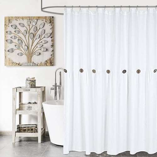 DOSLY ID??ES Farmhouse Shower Curtain, White Cloth Button Curtain, Cotton Blend Fabric, Rustic Country Shabby Chic Style, 72x72 in, Bathroom