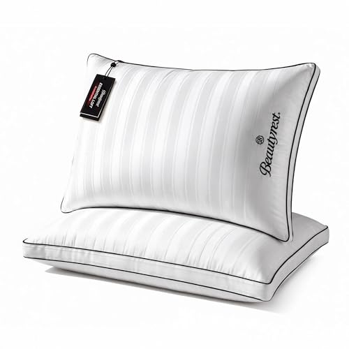 Beautyrest Hotel Collection Luxury King Pillows Set of 2 - Premium 500 Thread Count Damask Stripe Embroidered Cotton Cover, Gusseted Soft Medium Down Alternative