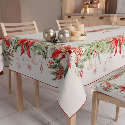 PETTI Artigiani Italiani - Christmas Tablecloth Stain Resistant Rectangular Table Cover for Kitchen, Wreath Design, 140x180 cm, 100% Made in Italy