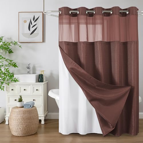 Colorful Star No Hook Shower Curtain with Snap in Fabric Liner, Waffle Weave Heavy Duty Thick Shower Curtains with Mesh Top Window, Hotel Style Waterproof Bathroom Curtain Set, 72 x 75 Inch, Brown