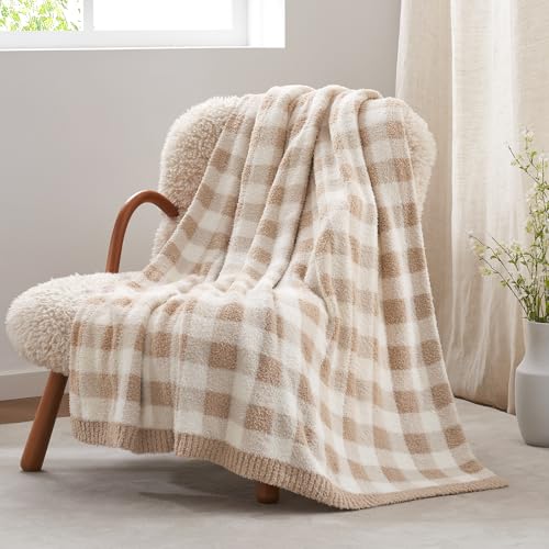 Snuggle Sac Buffalo Plaid Bedding Blanket Twin Size, Super Soft, Cozy Warm Knit Decorative Blankets, Reversible Plaid Fluffy Throws for Bed, Plaid Beige, 60x80 Inches