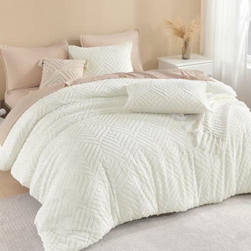 Litanika Super King Plus Comforter Ivory, 3 Pieces Tufted Boho Farmhouse Bedding Comforter Set, Lightweight Fluffy All Season Comforter Set (120x128In Comforter & 2 Pillowcases)