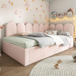 Ball & Cast 3FT Single Sofa Bed 90X190cm,Upholstered Bed Daybed With Pull-Out Bed, Guest Beds For Adults and Children, Bed With Metal Slatted Frame, Velvet, Pink (No Mattress) ﻿