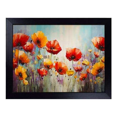 Lap Tray with Bean Bag Cushion, Poppy Flower Abstract - Handmade in the UK, Raised Wooden Edge, Padded Cushion, Heat-Resistant Wipe-Clean Surface, for Meals, Laptops and Crafts