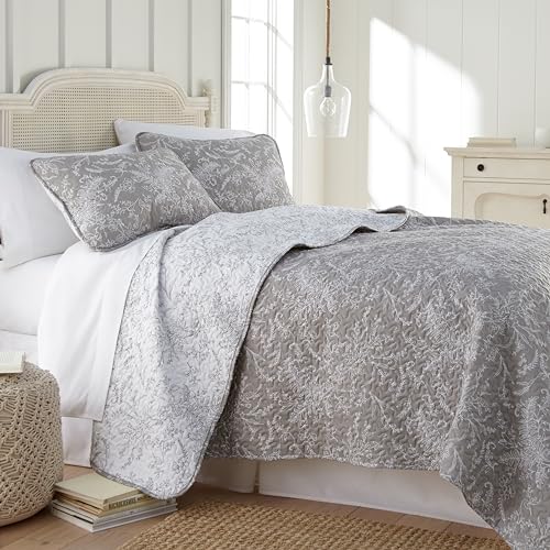 Southshore Fine Living, Inc. Oversized Bedspread Full Size, Printed Quilt Queen Size Bedding Set, Botanical and Lightweight Coverlet, Floral Bed Set, All Season Full/Queen Quilts, Reversible Grey