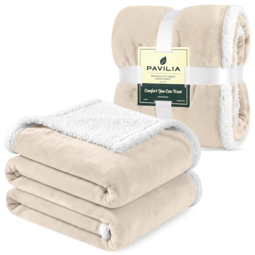 PAVILIA Sherpa Fleece Throw Blanket for Couch, Cream Beige, Plush Soft Fuzzy Sofa Blanket, Cozy Reversible Winter Throw for Women Men, 50x60 Inches